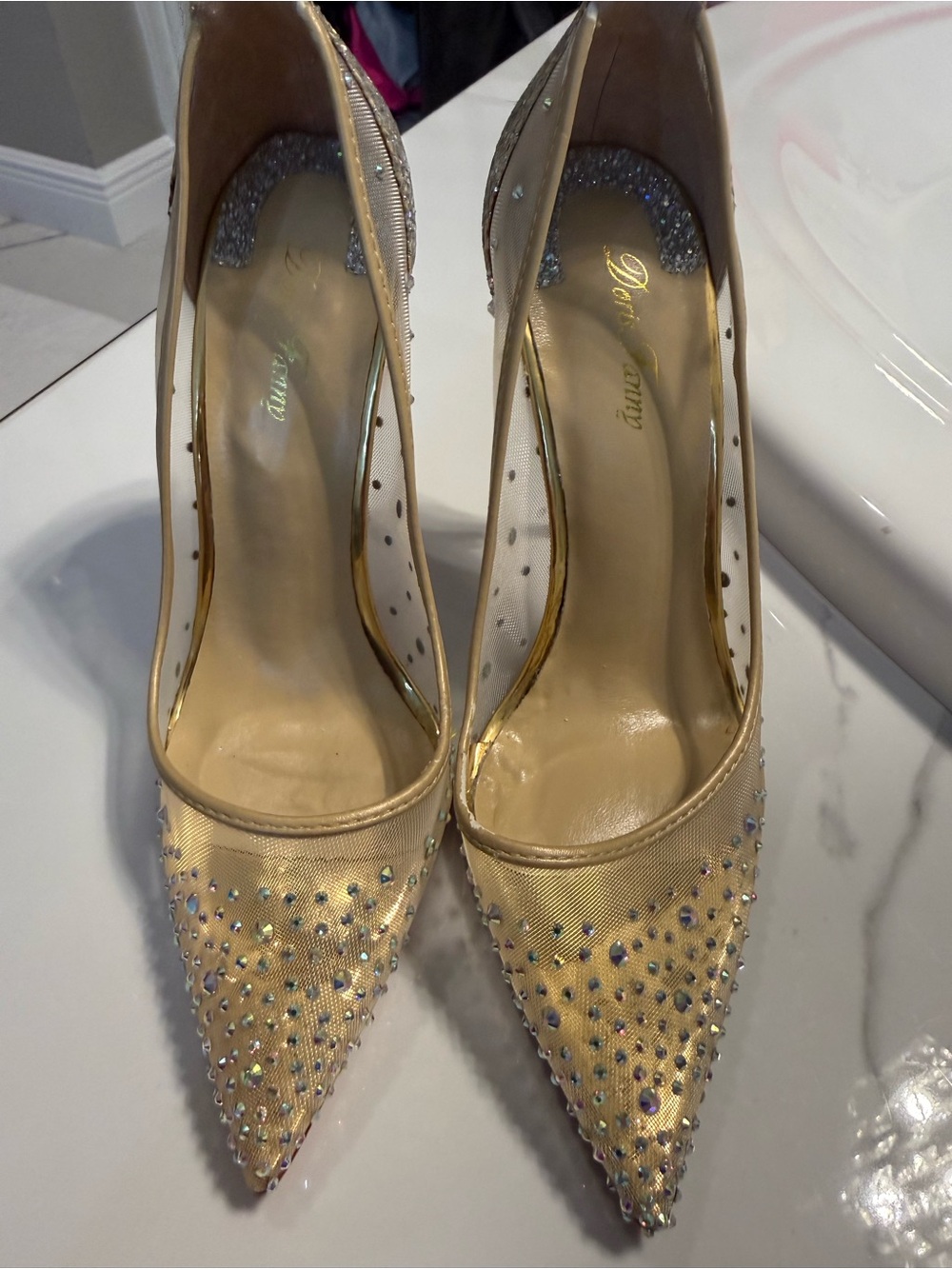 Gold Embellished Pointed-Toe Pumps